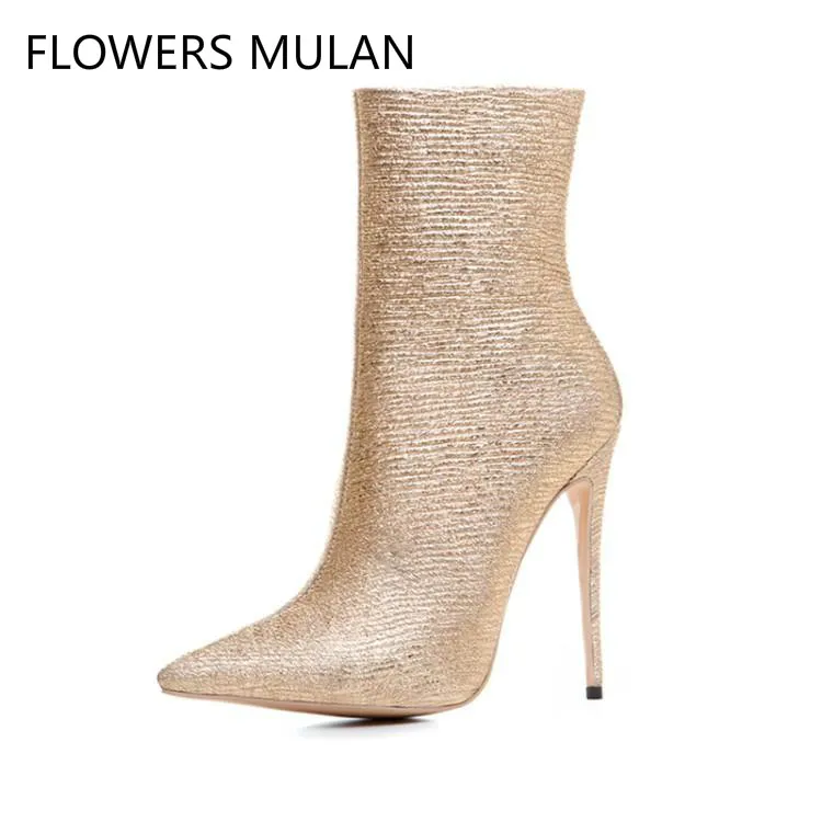 

Luxury Gold Sequined Cloth Upper Ankle Boots For Women Pointed Toe High Heels Zapatos De Mujer Side Zipper Spring 2019 Shoes
