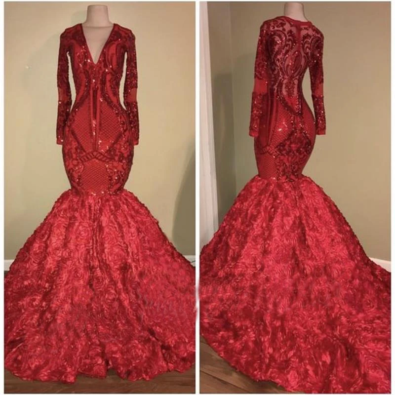 Red Long Mermaid Prom Dresses New Sleeve Sparkly Sequined Floor Length V Neck Formal Evening Dress Party Gowns | Свадьбы и торжества