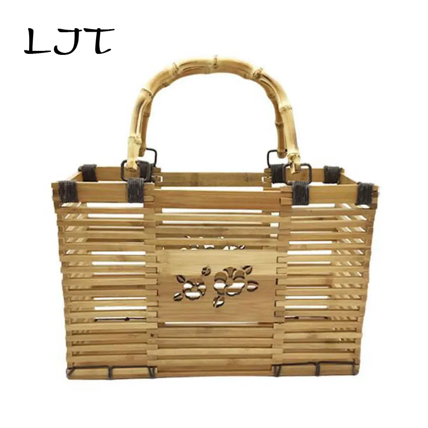 

LJT Handmade Beach Bamboo Woven Bag Japanese Female Big Travel Totes Bamboo Handbag For Ladies Bohemian Bags for women 2018