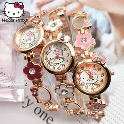 Прекрасный часы Hello Kitty для девочек для женщин модный браслет с кристаллами платье кварцевые наручные часы дети hellokitty обучающая машина