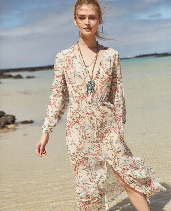 

Women Dress 2019 Spring and Summer New Elegant Floral Print Long Holiday Dress