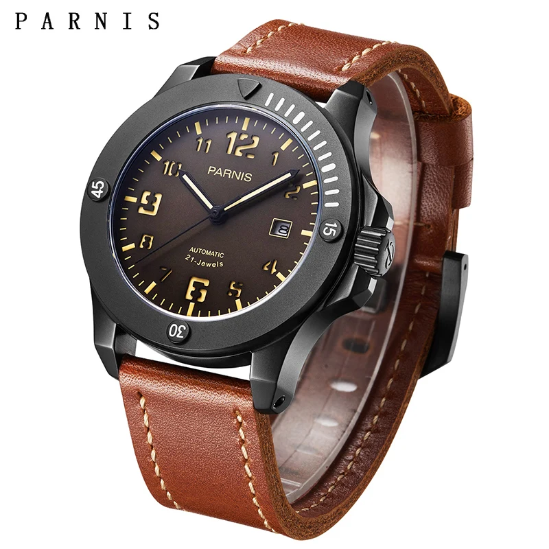 

PARNIS Top Luxury Brand 2019 44mm Black Case Mechanical Automatic Men's Leather Watch Strap Luminous Calendar Men Watches Clock