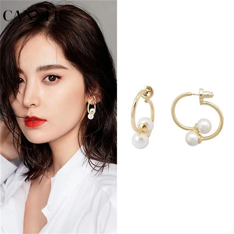 

CANNER 2019 New Design Elegant Double Curve Metal Gold Circle Pearl Small Stud Earrings for Women Girl Party Gift R4