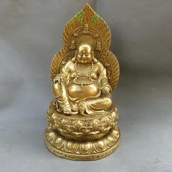 

China Buddhist Temple Brass Sit Lotus Happy Laugh Maitreya Buddha Statue