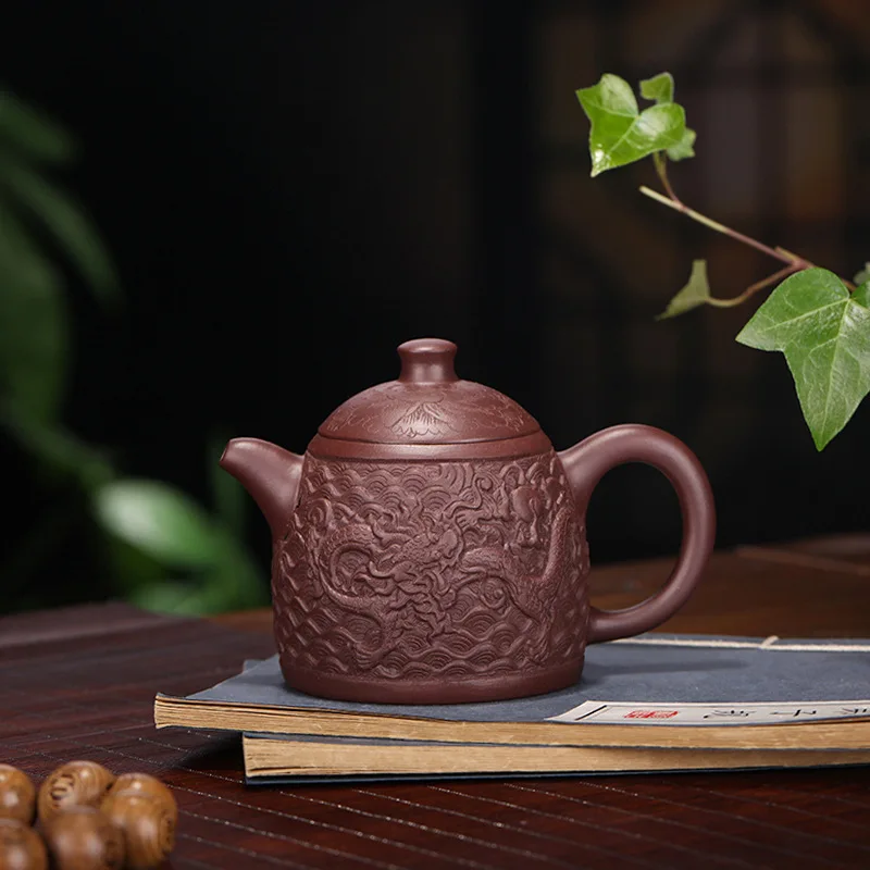 

Dark-red Enameled Pottery Teapot Famous Full Manual Teapot Tea Set Raw Ore Purple Clay Carving Dragon Arc Carving Qinquan Pot