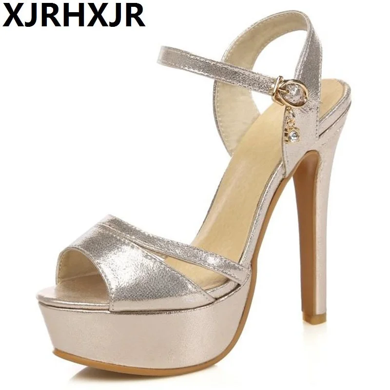 

XJRHXJR Brand Glitter Sexy Wedding Party Women Shoes Stiletto Heel Gladiator Rome Buckle Ankle Strap Bridal Sandals Party Shoes