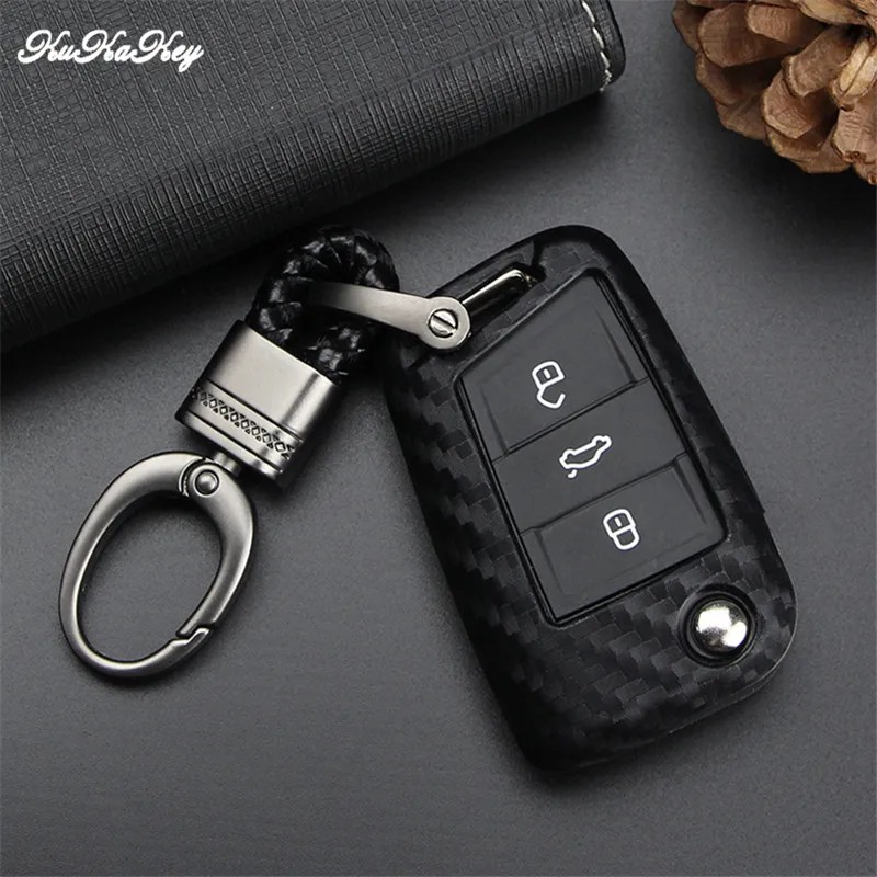 KUKAKEY углеродное волокно силиконовый чехол для ключей от машины VW Golf Seat Ibiza Passat B8 B7