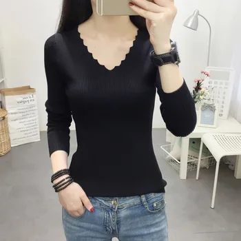

2019 Autumn Women Sweaters Fashion Solid Color Long Sleeve Knitted Jumper Korean Slim Women Sweater V Neck Casual Pullovers Tops
