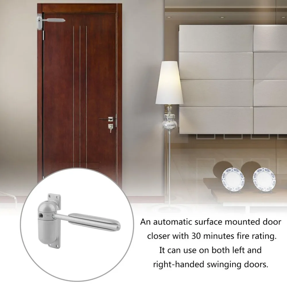 

Surface Mounted Automatic Door Closer Fire Rated Spring Loaded Adjustable Auto Closing Security System for Hardware Grey New