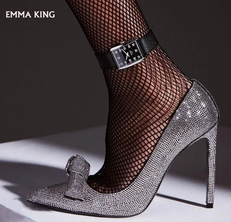

NEW Spring/Summer Solid High Heels Stiletto Rhinestones Bow Pumps Ladies Shoes Trendy Iron Heel Shoes Women zapatos de mujer2019