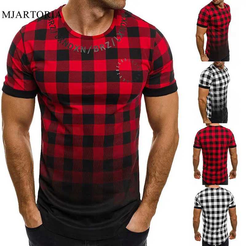 

MJARTORIA 2019 Men Summer Plaid Print T Shirt Short Sleeve Gradient Color Muscle Basic Hip Hop Fashion Tee Shirt Plus Size
