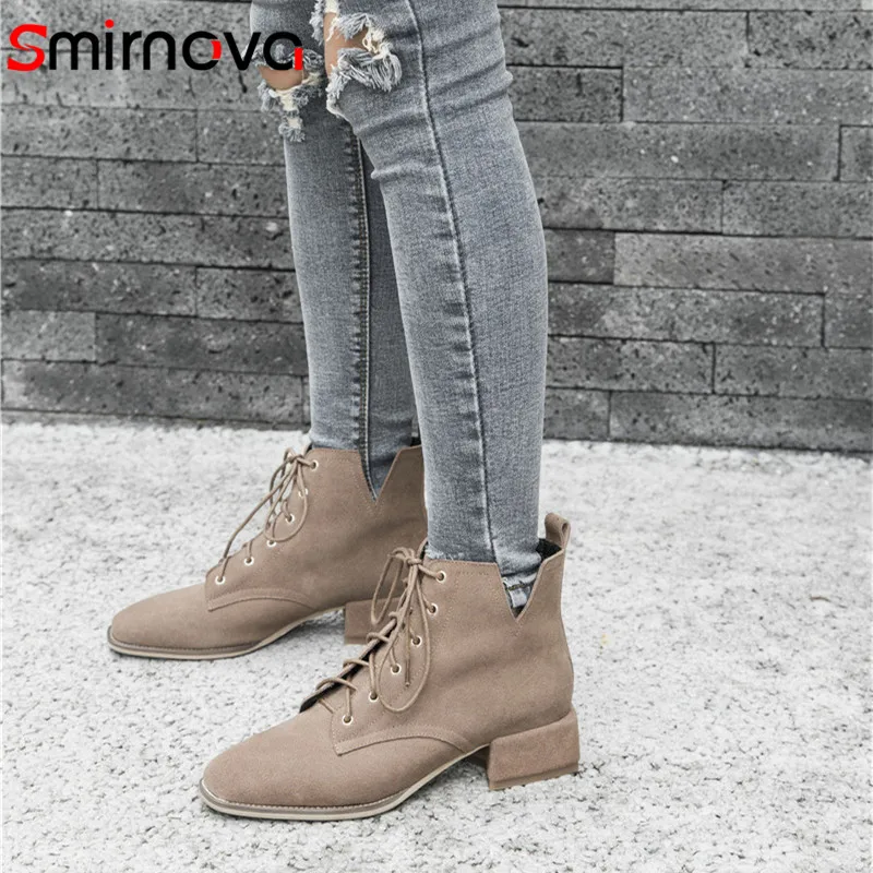

Smirnova woman shoes 2018 new lace up cow suede leather boots ladies casual med heels ankle boots autumn fashion boots apricot