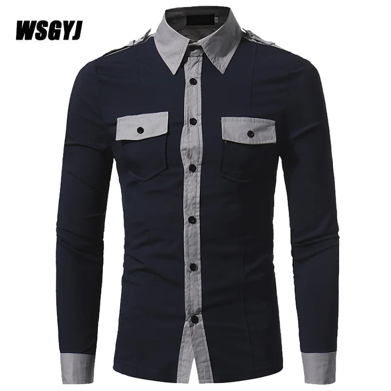 Camisa Social Masculina 2017 Fashion Brand font b Men S b font Double Pocket Badges Male