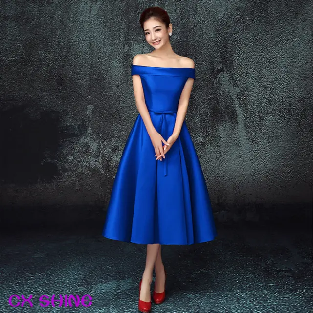 CX SHINE Custom Color size tea length blue formal Evening dress mid calf party dresses women