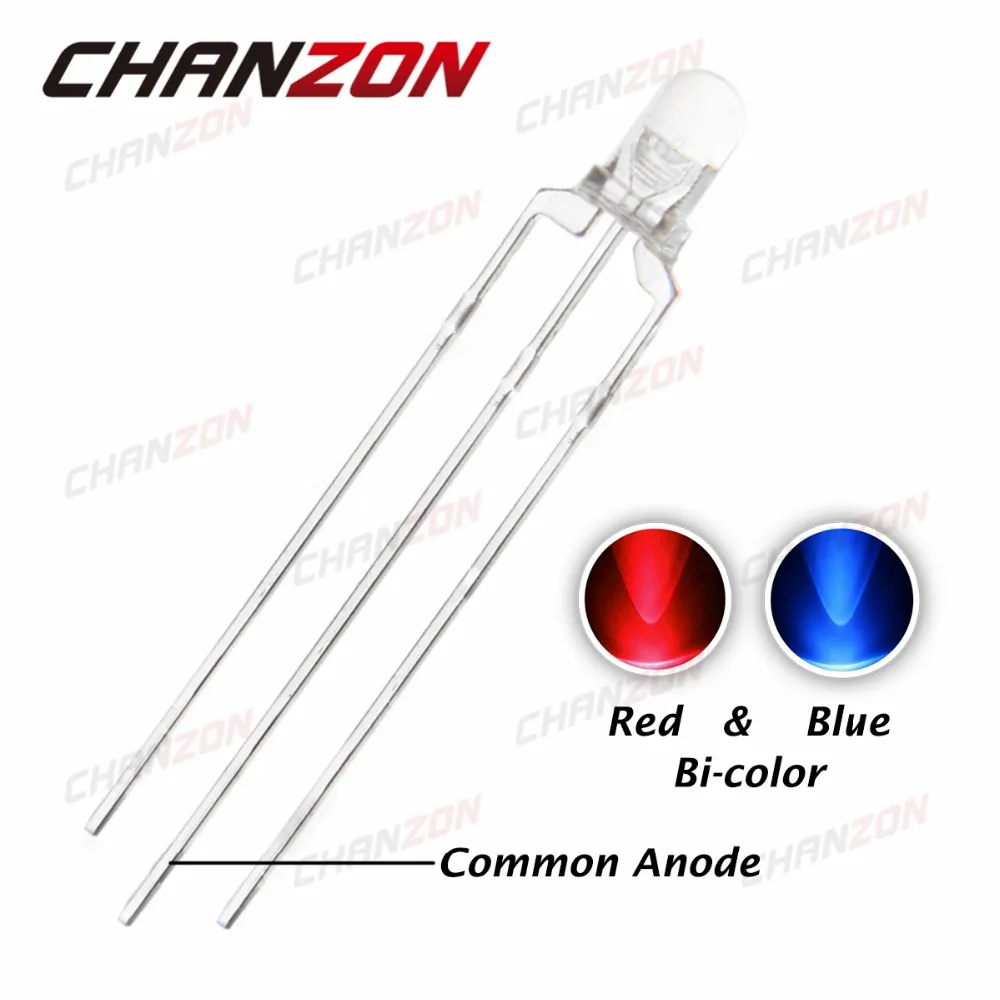 

CHANZON 100pcs 3mm LED Diode Blue Red Common Anode Transparent 3 mm Round Bicolor Light-Emitting Diode 20mA Ultra Bright Light