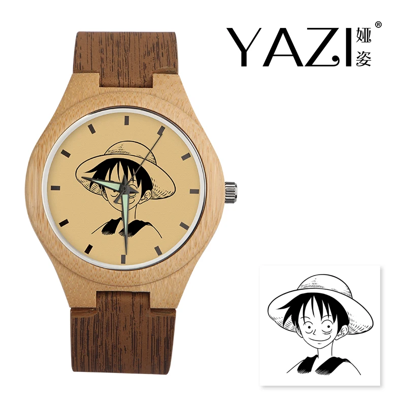 

YAZI Creative Wooden Watch Luffy of One Piece Lucky Logo Quartz Watch Natural Bamboo Wood Case Wrist Watches Wood Stripe Band