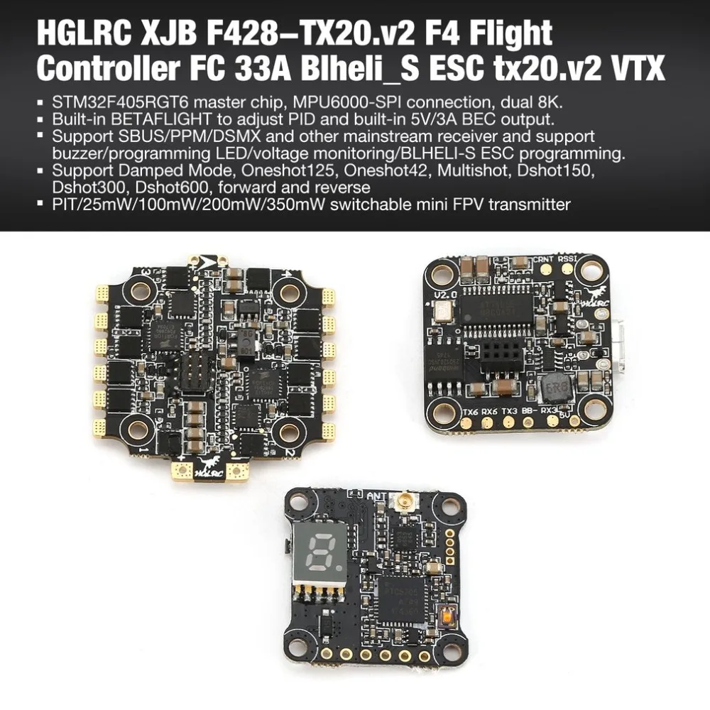 

HGLRC XJB F428-TX20.v2 F4 Flight Controller FC 33A Blheli_S ESC tx20.v2 VTX