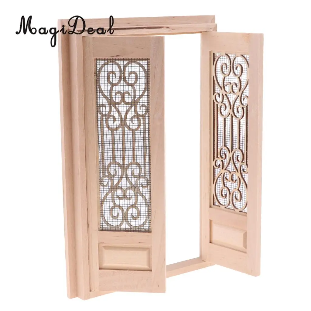 1/12 Dollhouse Miniature Wooden External Hollow Screen Double Door Unpainted Rooms DIY Items Dolls House Furniture Decor Acc