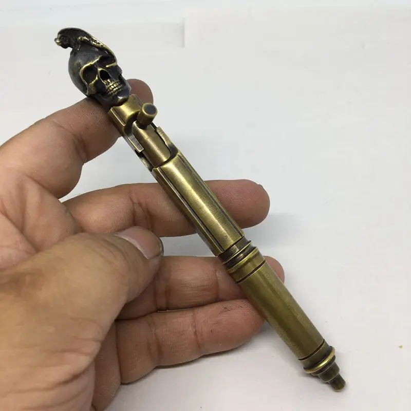 

Writing Tools Brass Ballpoint Pen Lizard Skull Head EDC Creative Retro Bolt Type Tactical Pen