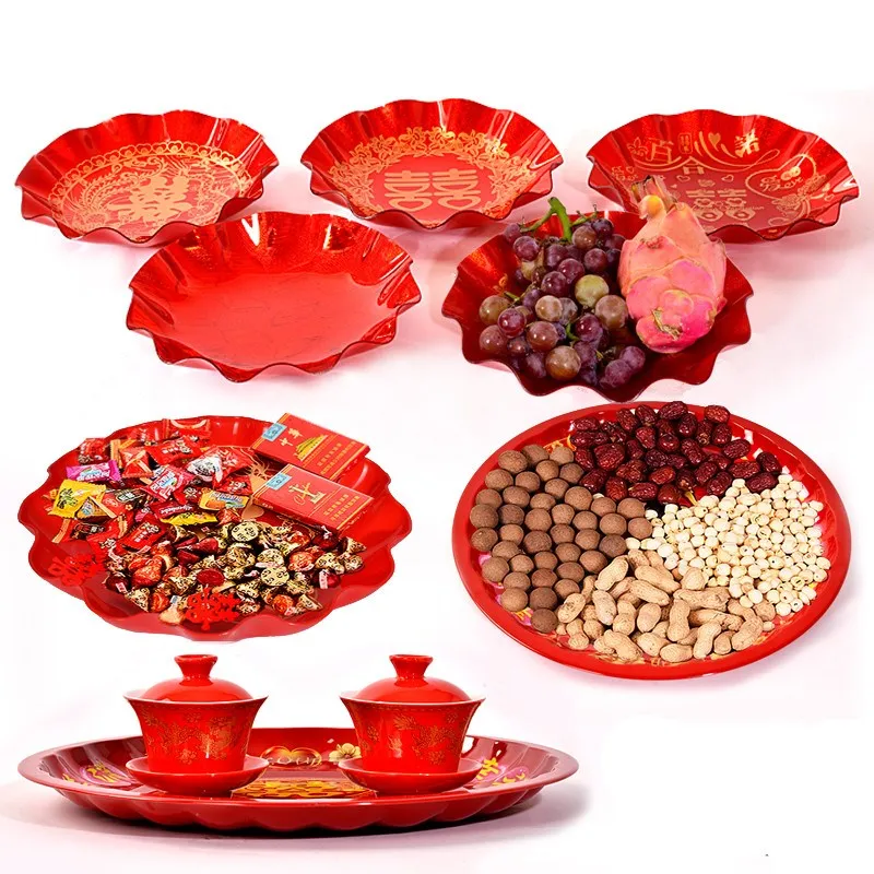 

Festive Supplies Chinese Red Acrylic Candy Tray Exquisite Plastic Fruit Bowl Wedding Banquet Best Wishes Melon Seeds Tray