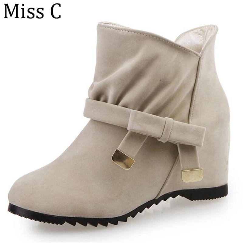 2017 Hidden Heel Women Ankle Boots Flock Sweet Bow Woman Shoes Autumn Winter Comfortable Lady