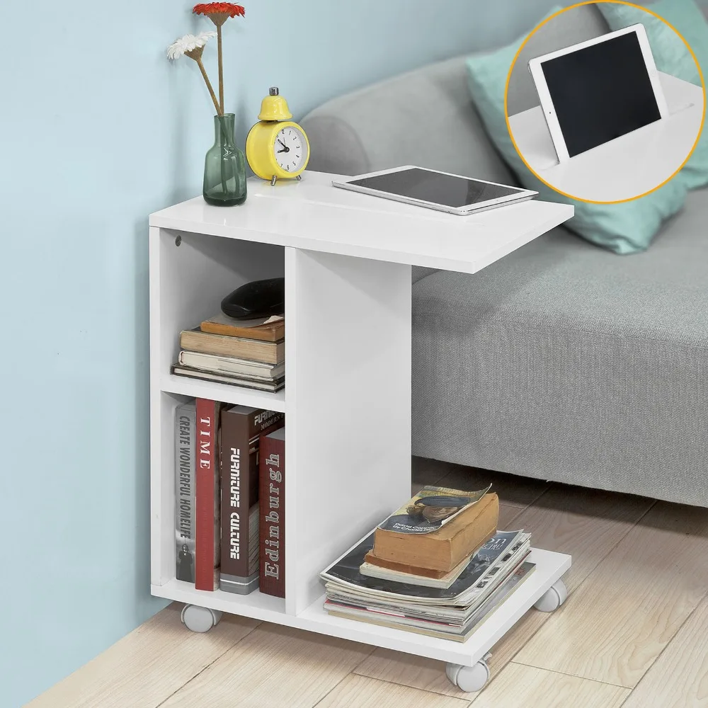 SoBuy FBT48 Modern Side Table End Table Coffee Table on Wheels with 2 Storage Shelves Living Room Furniture
