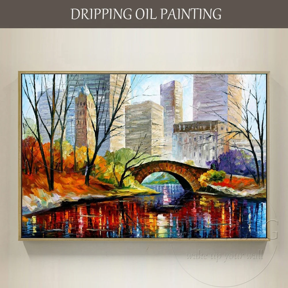 Hand-painted Abstract City Garden View Landscape Oil Painting on Canvas Palette Knife Bridge for Wall Decoration | Дом и сад