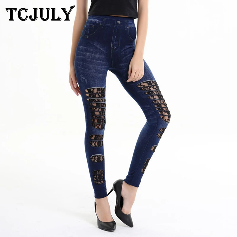 Tcjuly Fall 2019 New Design Sexy Lace Spliced Leggings Jeggings Hollow