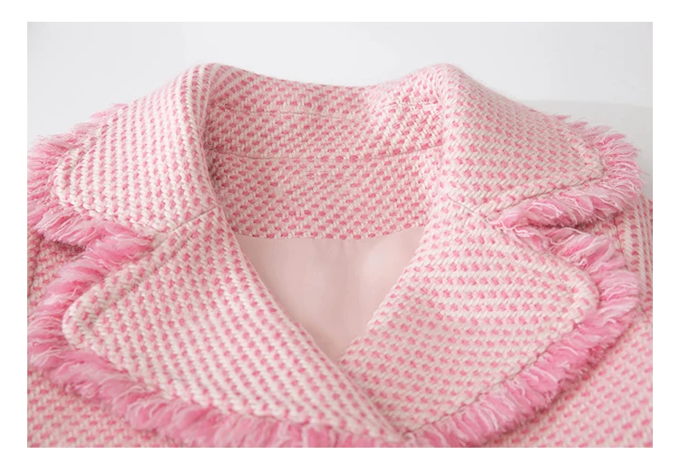 Розовая твидовая куртка осень/зима Женская куртка пальто жемчужная Пряжка бахрома сторона небольшой аромат в длинном пальто