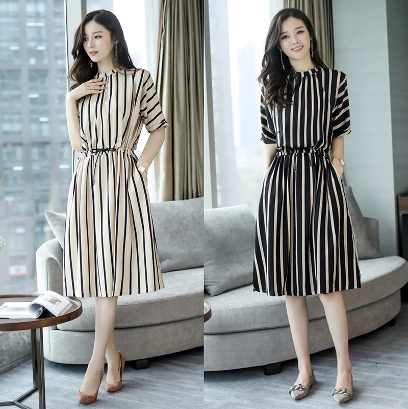 

Fashion Summer Dresses Women Elegant Dress Stripes Pattern Tight Waist Midi Dress