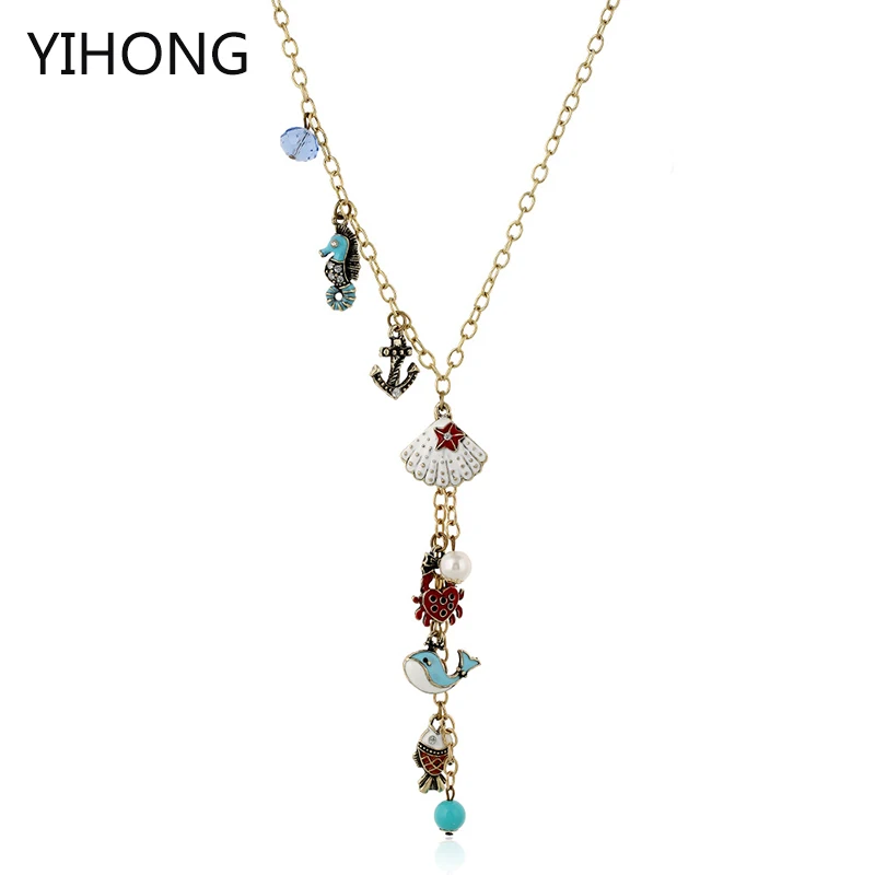 

Ocean Pendant Necklace Fish Seahorse Shell Statement with Rhinestone Long Chain Choker for Fashion Women