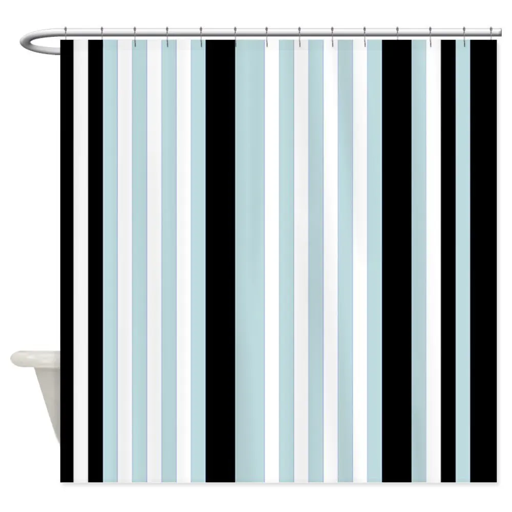 Light Blue Black White Stripes Decorative Fabric Shower Curtain 12