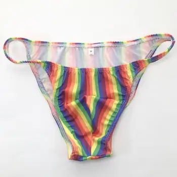 

Mens String Bikini Stripe Jersy nylon Spandex G3774 Narrow Waist Rainbow Stripes Swimsuit Fabric