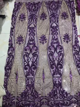 

High Quality 2019 Tulle Sequins French Nigerian Lace Fabrics Plume Embroidered African purple Lace Fabric