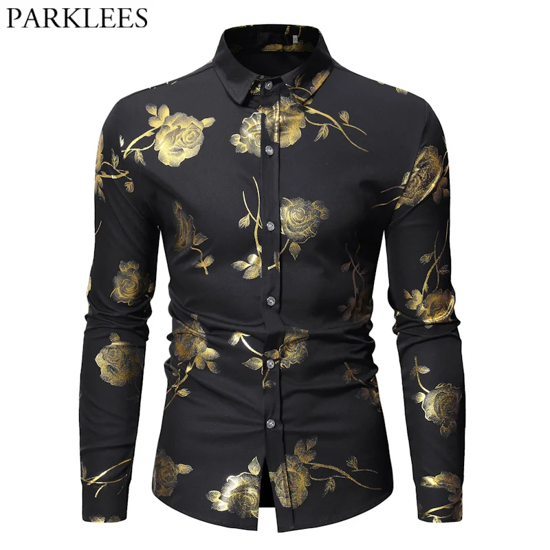 Mens Hipster Bronzing Rose Print Shirt Men Long Sleeve Gold Floral ...