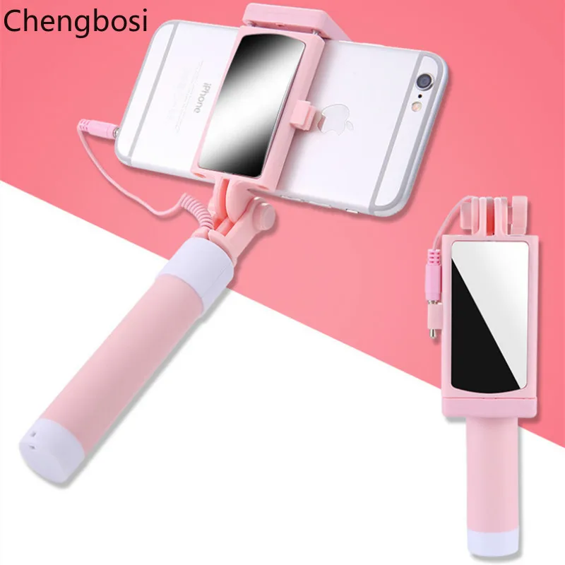 Universal Wired Selfie Stick with Mirror for IPhone 6 5 Xiaomi Android Phone Candy Monopod Palo Selfie Stick Tripod Holder