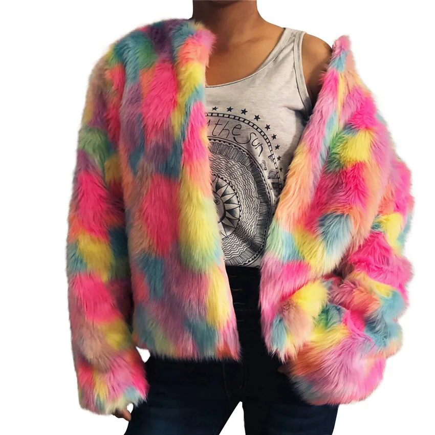 LANSHIFEI 2018 Новый молодая девушка пальто из искусственного меха модные яркие зимняя куртка с отделкой из меха пальто Для женщин пушистый жакет