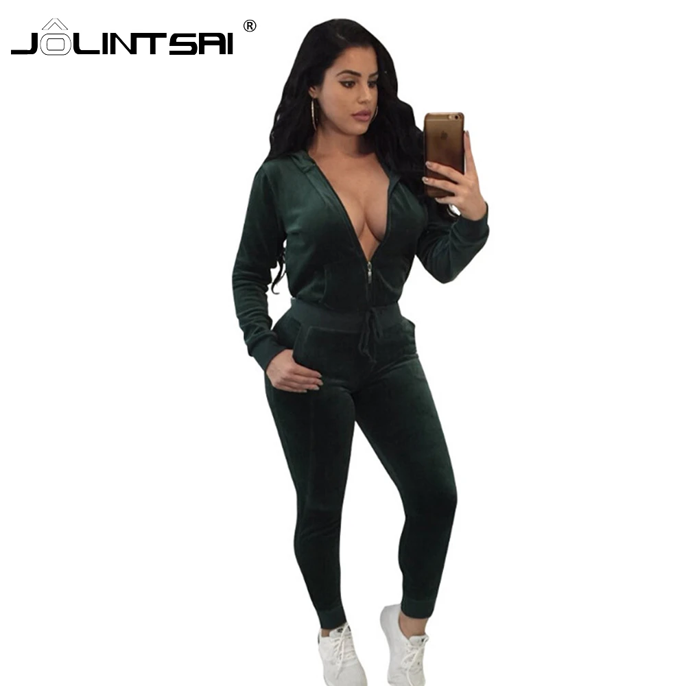2018 New Velvet Sportswear Women Two Piece Set Sexy Zipper Jacket Top