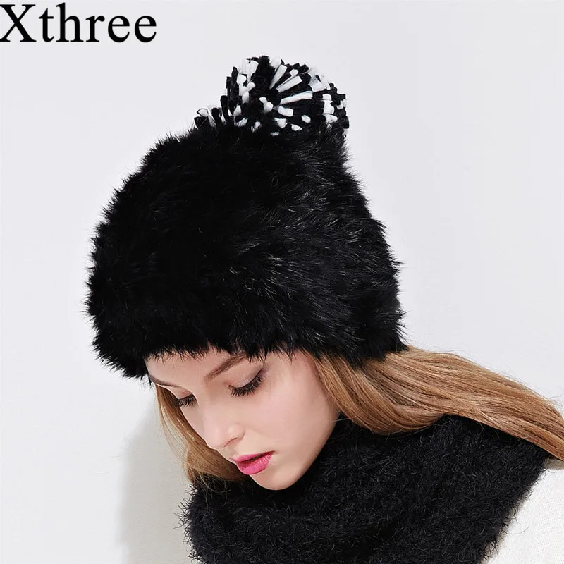 

Xthree fashion winter women's hat rabbit fur beanie for girl with knit pom pom Double-deck knitting cap