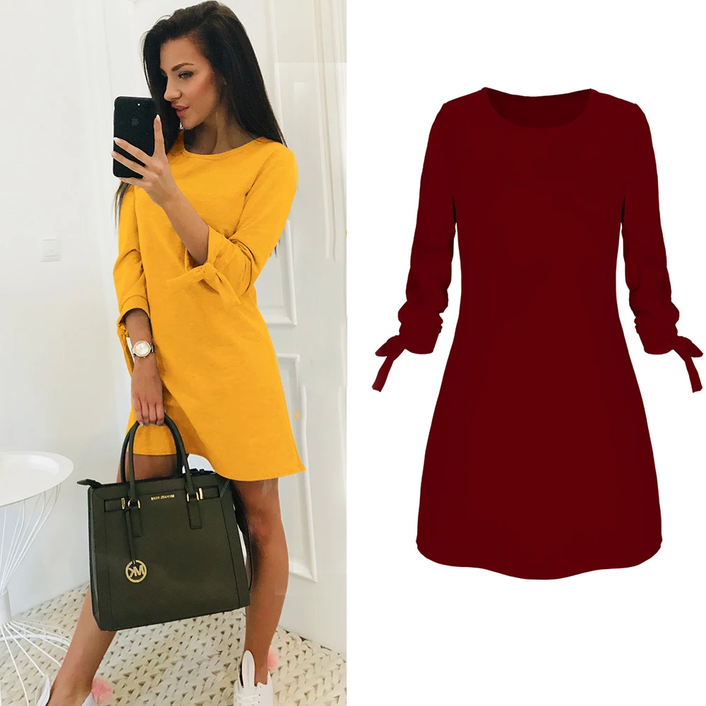

2019 women's O-neck solid color dress spring fashion loose mini dresses casual 3/4 sleeve bow elegant straigth female vestidos