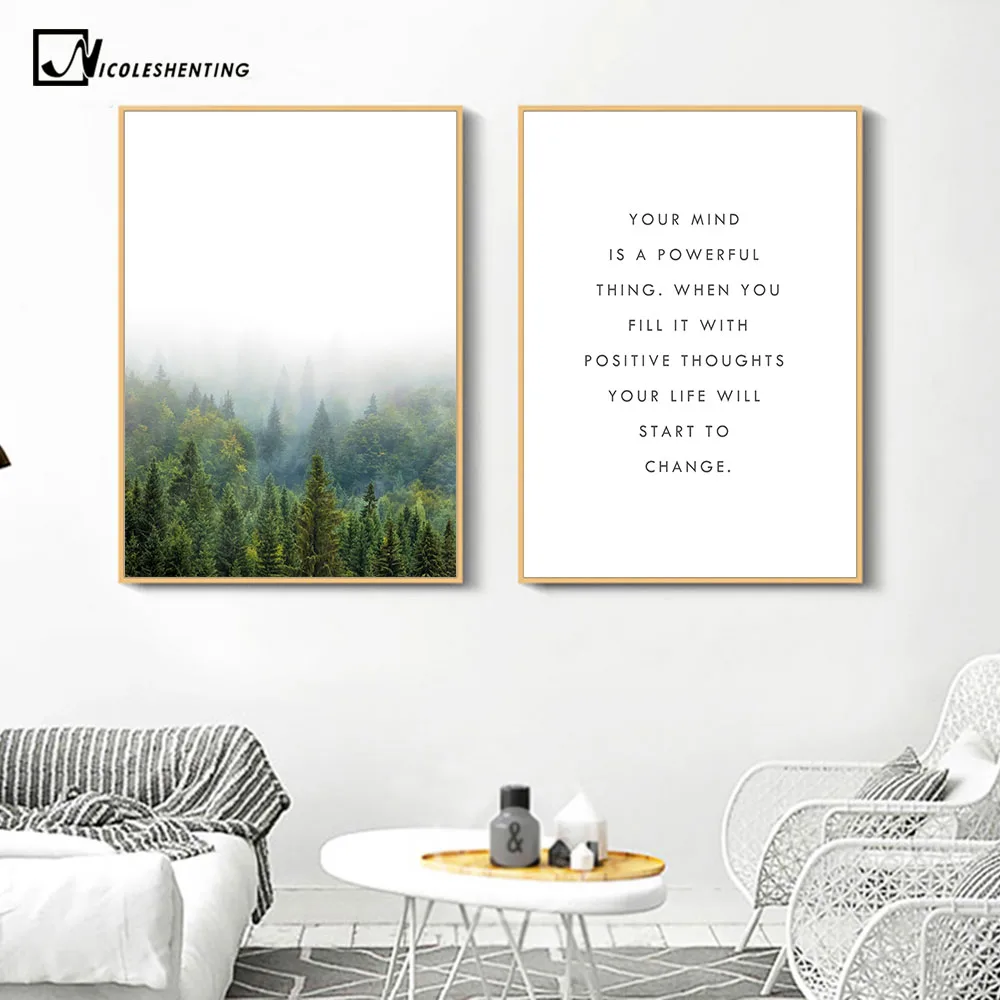 Skandinavischen Motivations Zitat Minimalismus Kunst Leinwand Poster Nebligen Wald Landschaft Wand Bild Drucken Moderne Home Dekoration in Skandinavischen