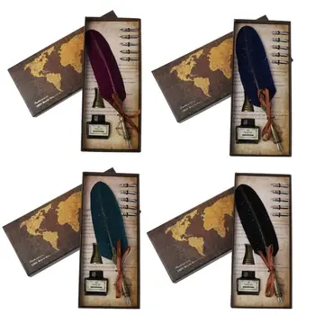 

New English Calligraphy Feather Dip Pen Writing Ink Set Stationery Gift Box With 5 Nib Wedding Gift Fountain Pen