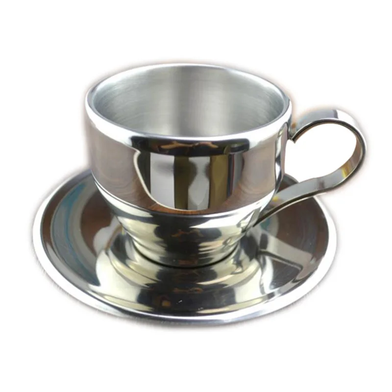 

Two Pieces Set Double Layer Coffee Cup Europe Fashion Stainless Steel Hot Resistace Coffee Cup Set with Plate Free Shipping