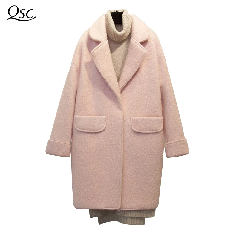 

QSC Women Winter Wool Coats 2018 Fashion Womens Long Thick Loose Turn Down Collar Office Lady V-Neck Polyester Pink Wool Coats