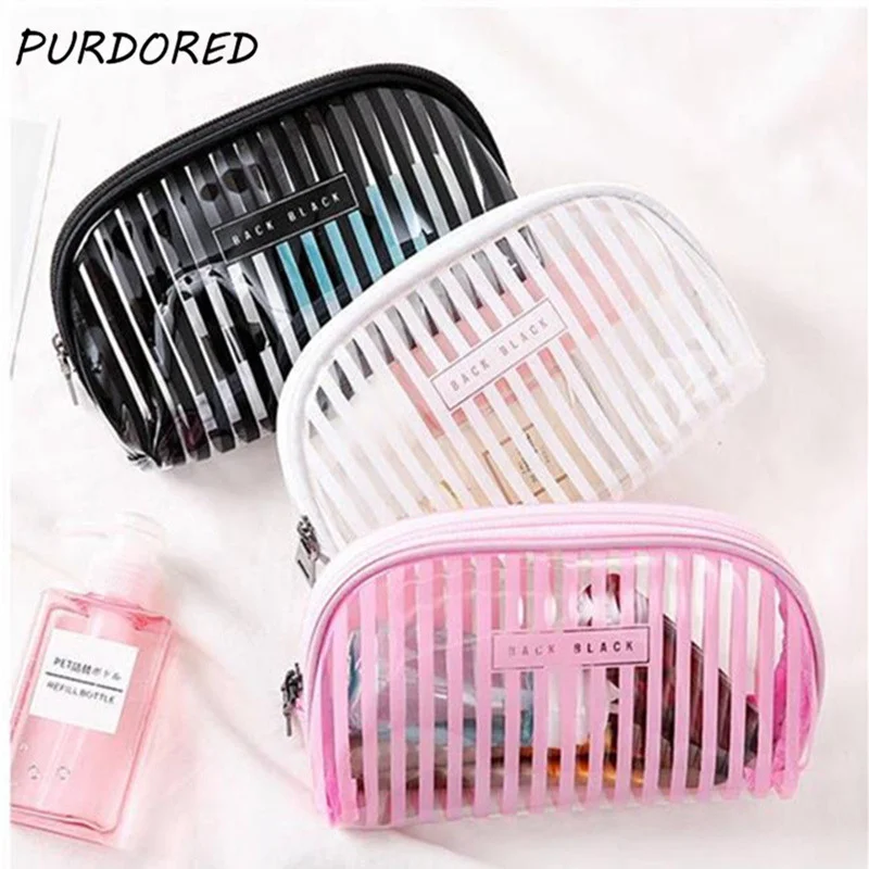 

PURDORED 1 pc Transparent Striped Cosmetic Bag Clear Women Makeup Bag Travel Organizer Toiletry Kit kosmetyczka Dropshipping