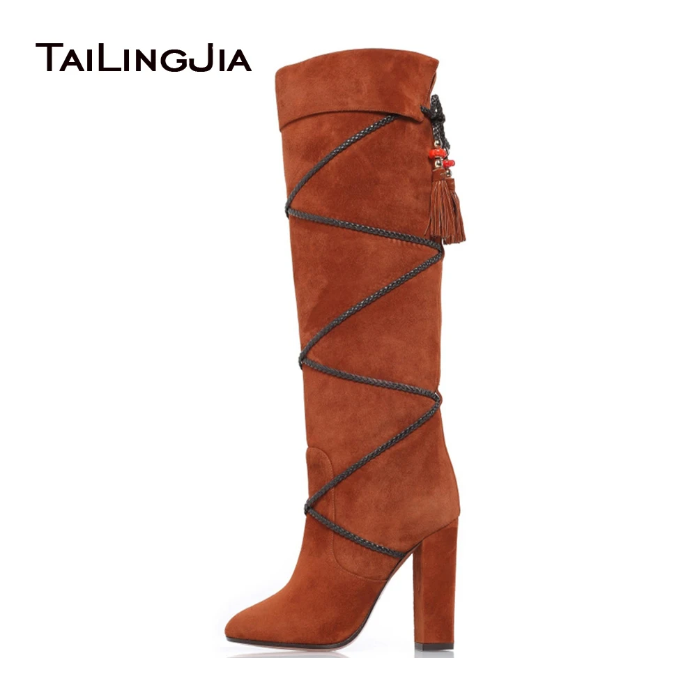 round toe knee high heel boots