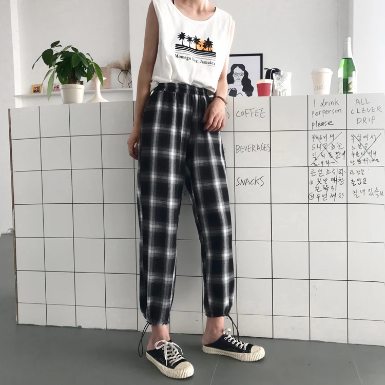 

Elastic Waist Slim Straight Ankle Pant Gradient Tie Dye Harajuku Plaid Streetwear Korean Drawstring 2019 Jogger Trouser Summer