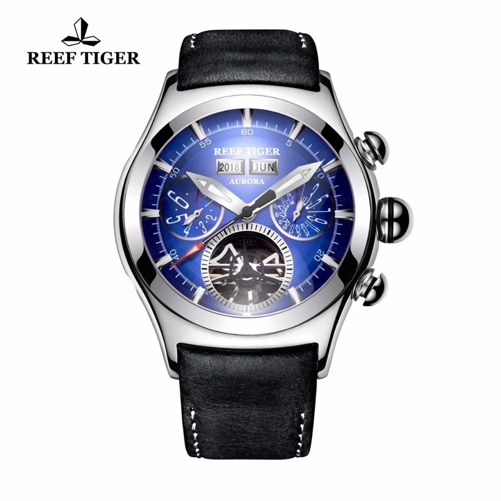 

Reef Tiger Brand Mens Sport Watches Analog Tourbillon Luminous Blue Dial Automatic Calendar Waterproof Watch Relogio Masculino