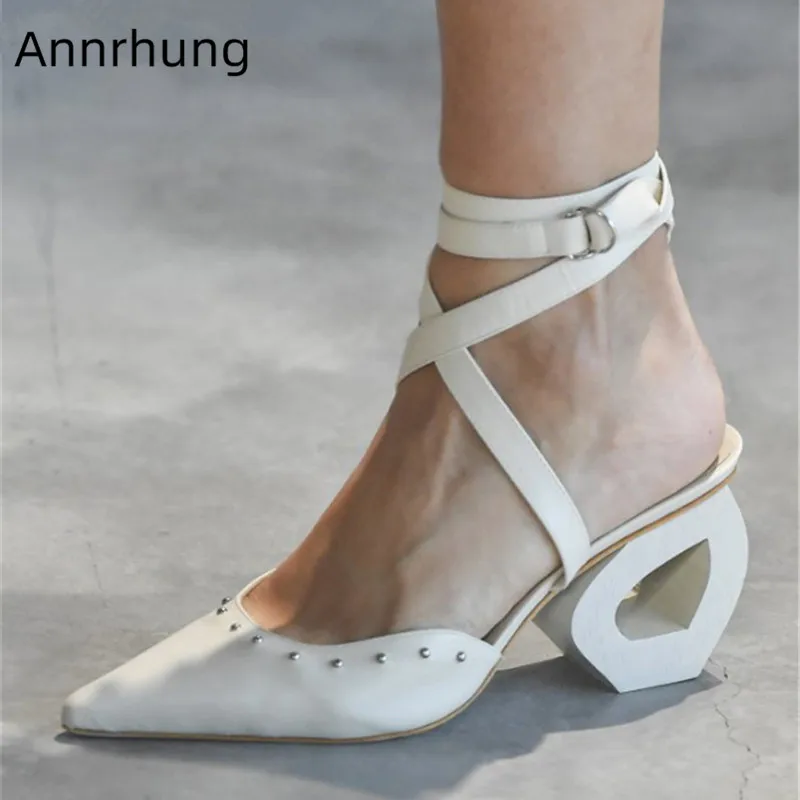 

Novelty Hollow Heel Women Sandals Ankle Strappy Pointed Toe High Heels Strange Heel Genuine Leather Fashion Runway Sandals Woman