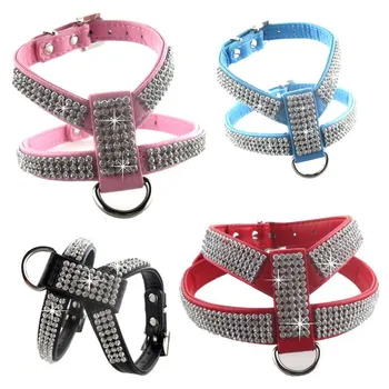 

PU leather Rhinestones Small medium dog harness and collar set Exquisite Crystal diamond pet necklace for cats dogs lead leash